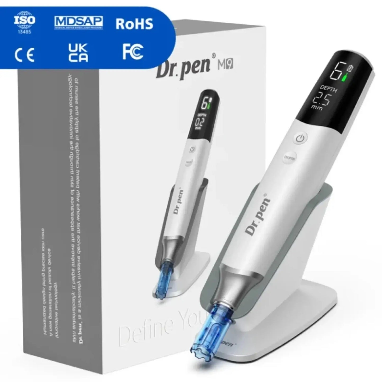 Dr. Pen m9 with packaging and certification logos on a white background
