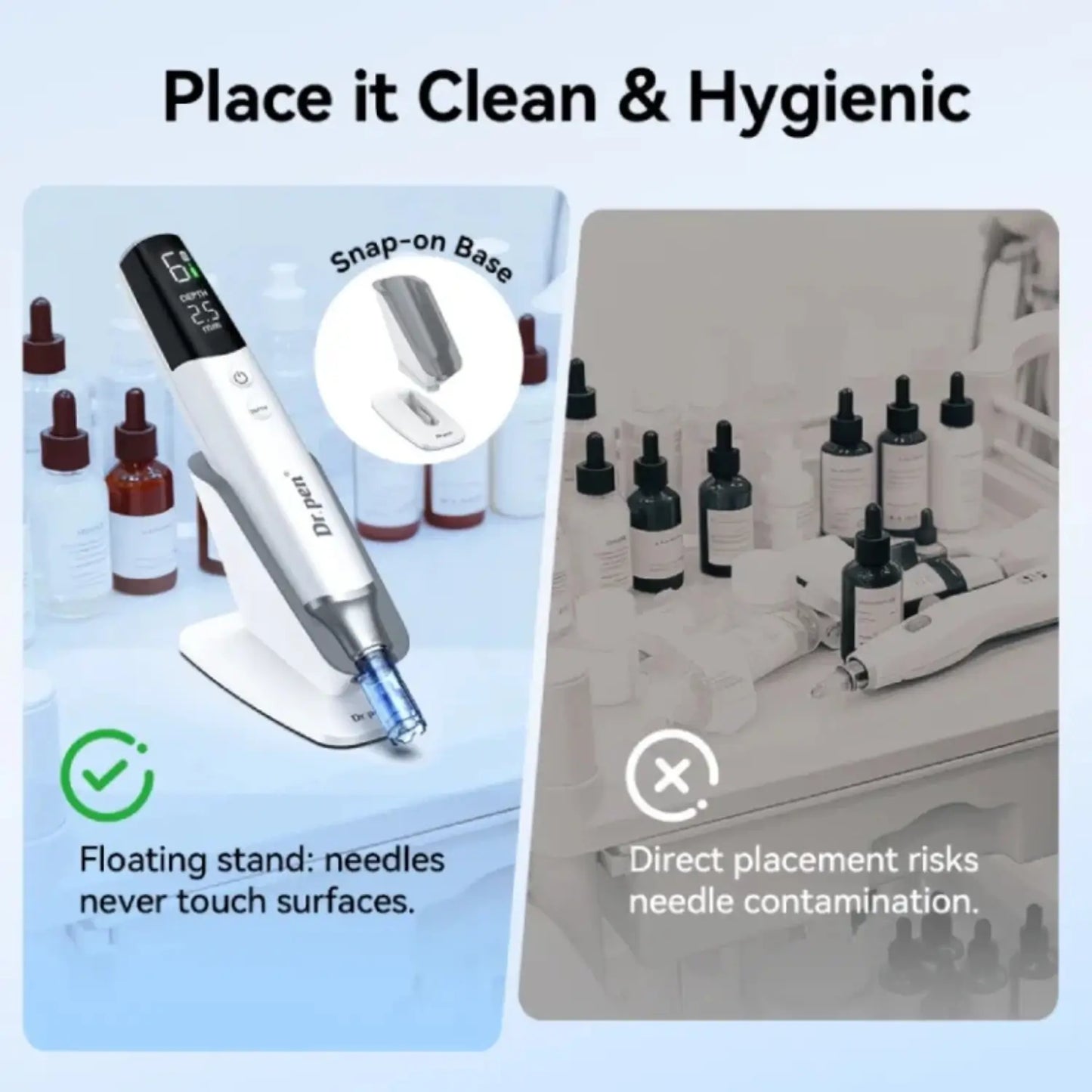 Dr. Pen M9 with floating stand and snap-on base, emphasizing cleanliness and hygiene.