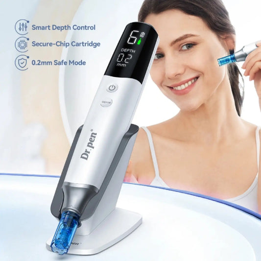 Dr. Pen m9 with digital display and woman using it on her face