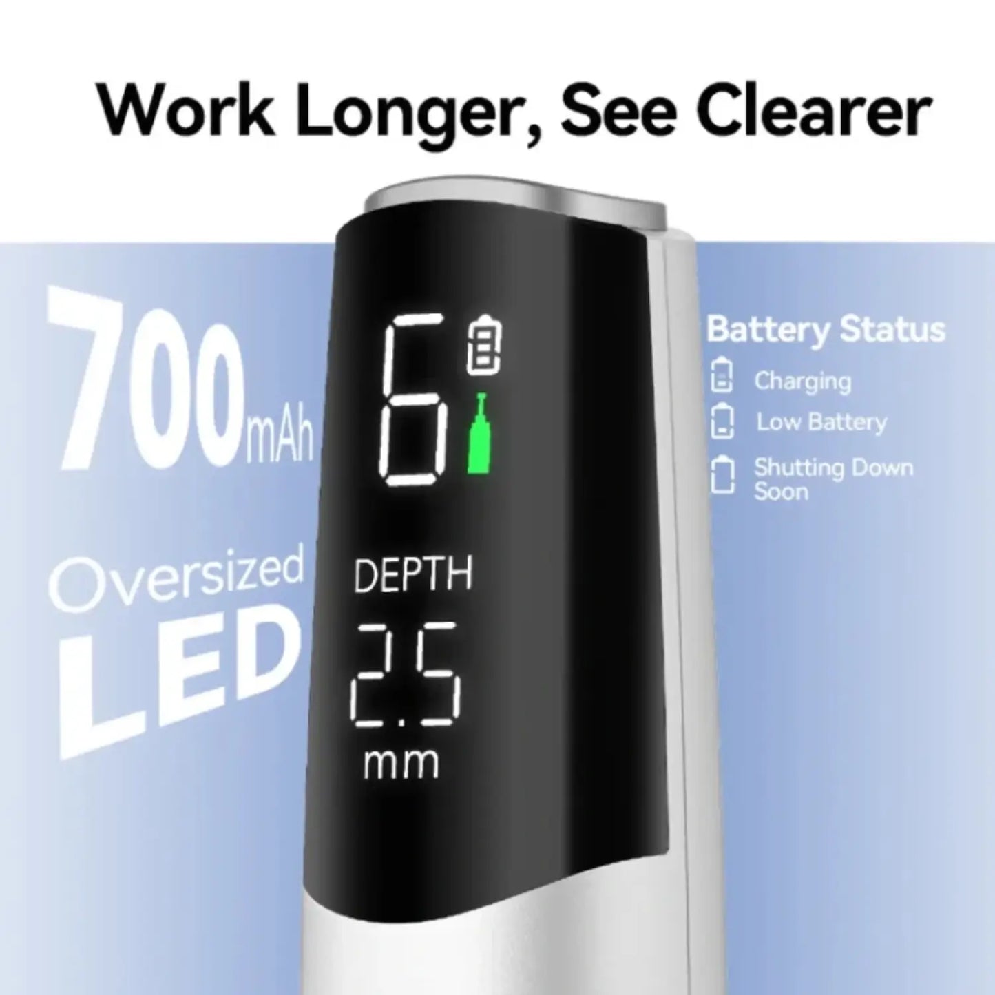 Digital device with LED display on a blue background, featuring text about battery status and depth measurement.