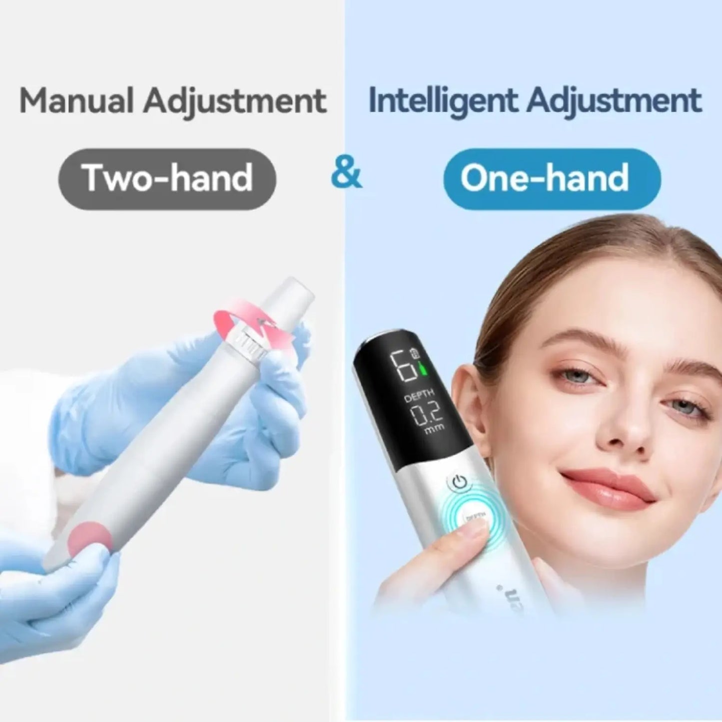 Comparison of manual and intelligent adjustment methods with a device held by a hand and close-up of a face.